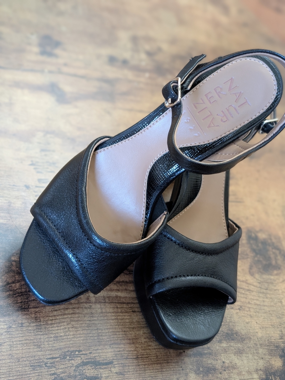 Naturalizer Black Leather Open-Toe Slingback Block Heels